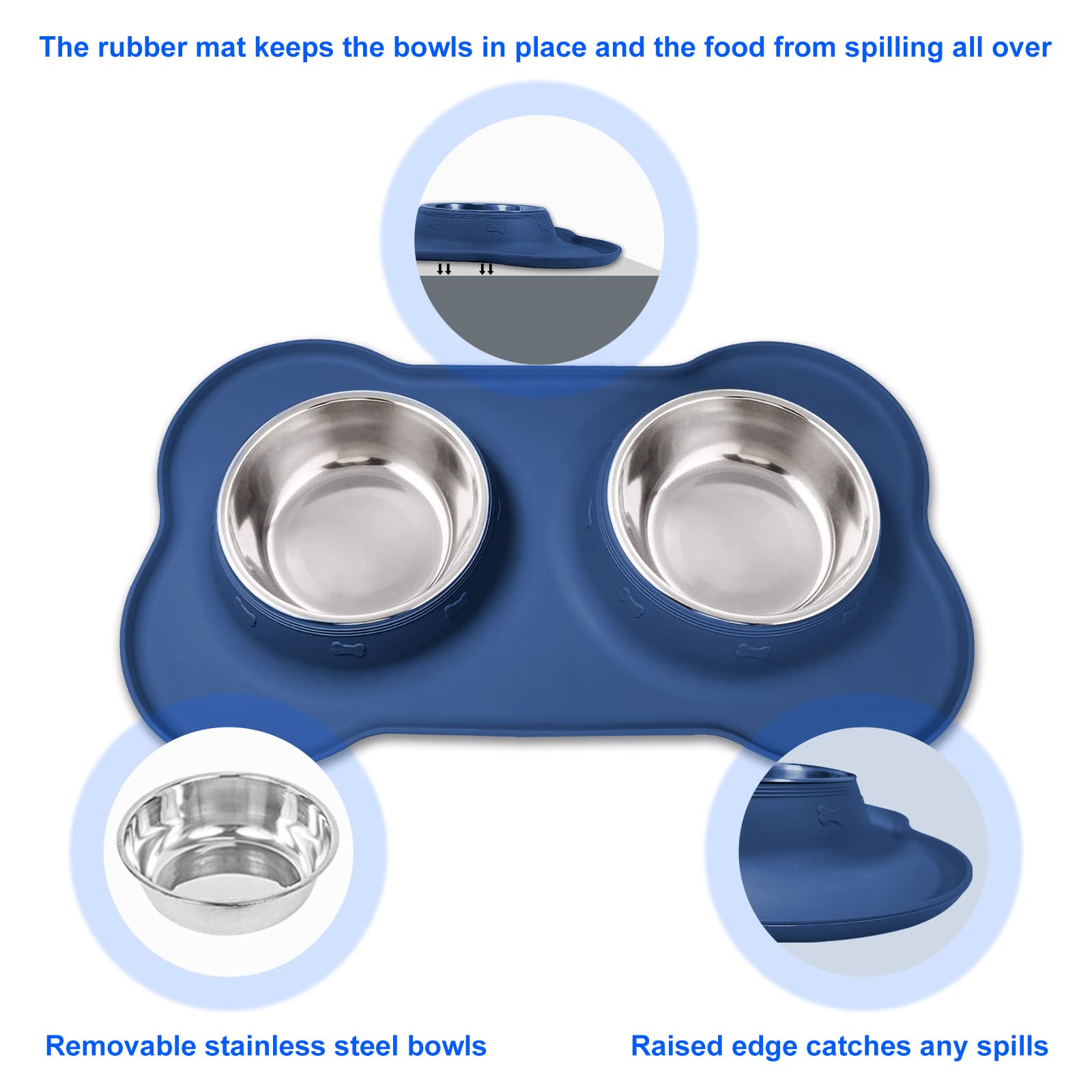 AsFrost Cuencos de Acero Inoxidable para Comida y Agua para Perros, Juego de Platos para Perros con Alfombrilla de Silicona Antideslizante y antiderrames, Cuencos de comedero para Perros pequeños y