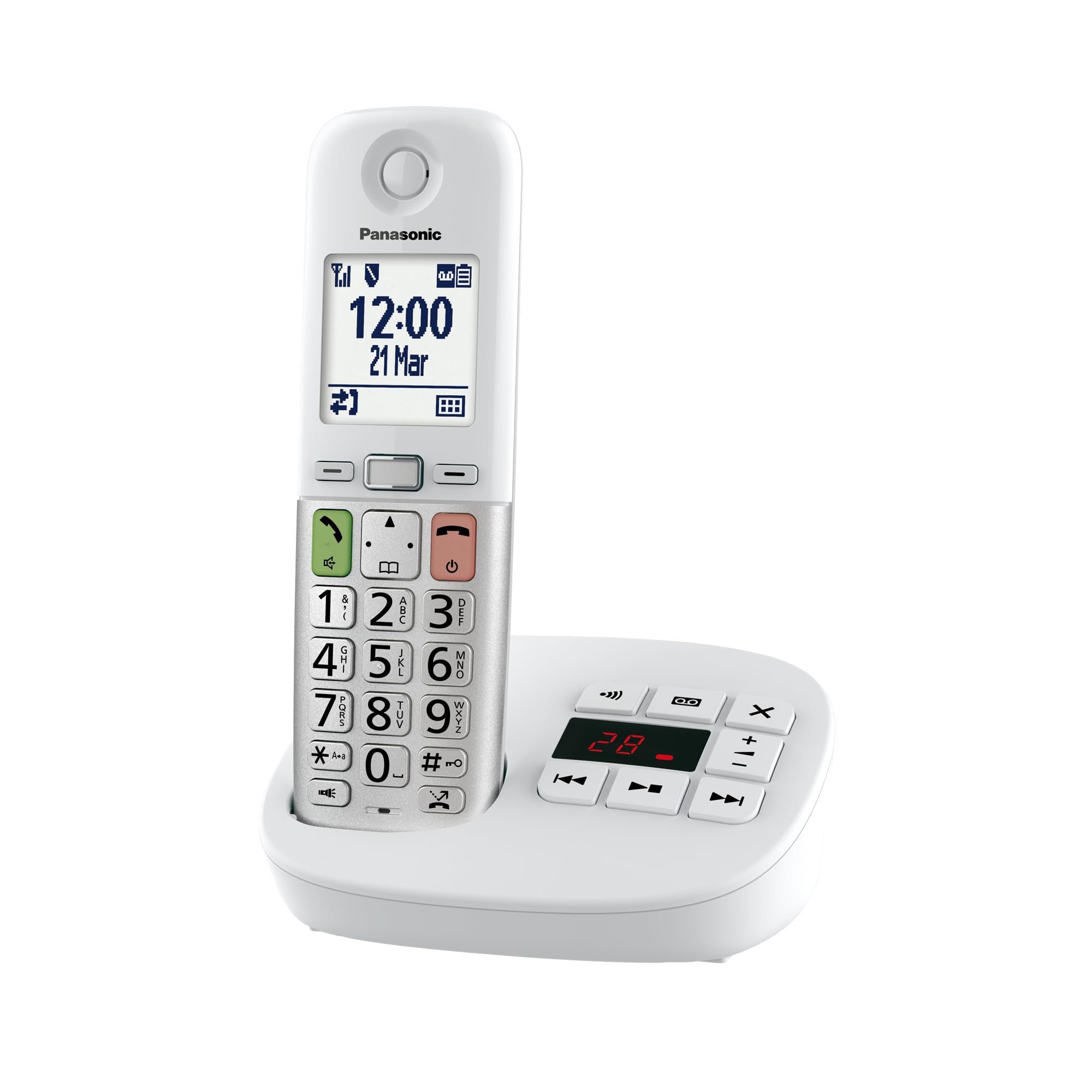 Panasonic KX-TGU430EXW Téléphone Numérique sans Fil avec Répondeur, Unité de Base et 1 Combiné, Écran LCD, Appels Favori, Lampe Torche, Compatible avec Les Appareils Auditifs, Blanc et Argent