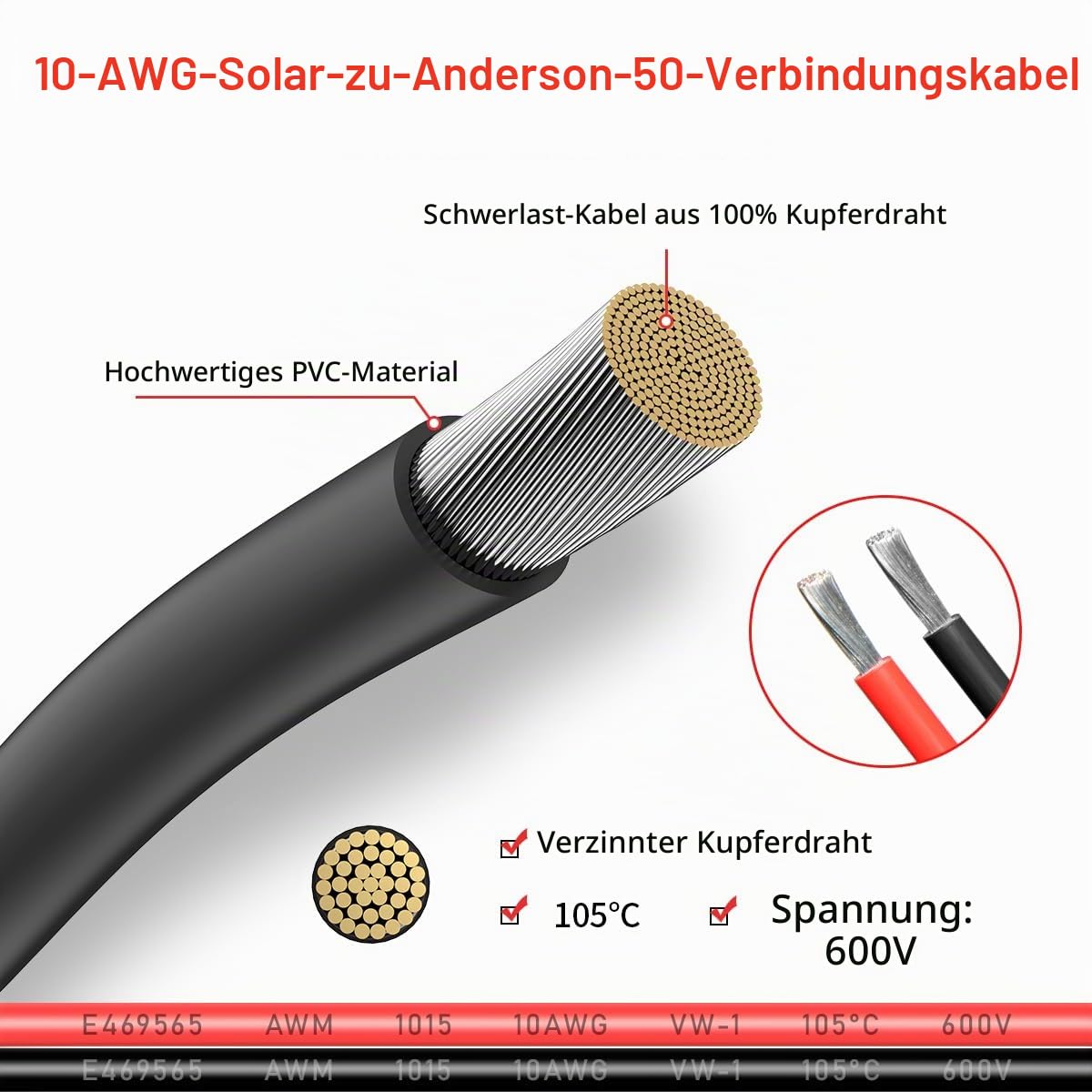 ELFCULB Solar auf Anderson Kabel,10AWG 1,8M Solarstecker auf Andersen Stecker 50A für Solarpanel Solargenerator