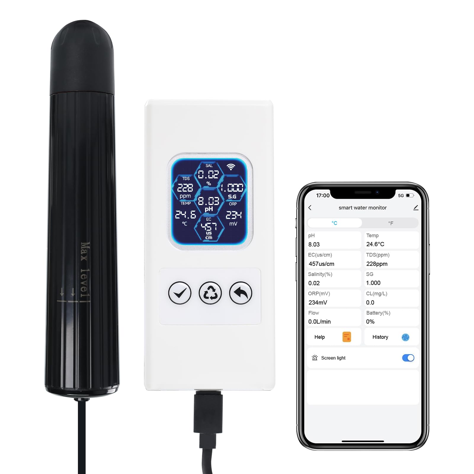 TEKCOPLUS Monitore di qualità dell'acqua 7 in 1 senza fili WiFi – pH/ORP/TDS/EC/Salinità/SG/Temp, App Tuya, avvisi in tempo reale, display a colori ATC per acquario, acqua dolce e acqua salata