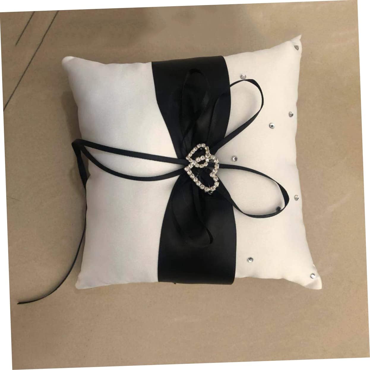 Wedding Ring Pillow Heart-Shaped with Rhinestones and Bowknot Double Hearts Design Soft Ring Bearer Pillow for Bride Engagement Ceremony 7.87X7.87X1.57 Inches