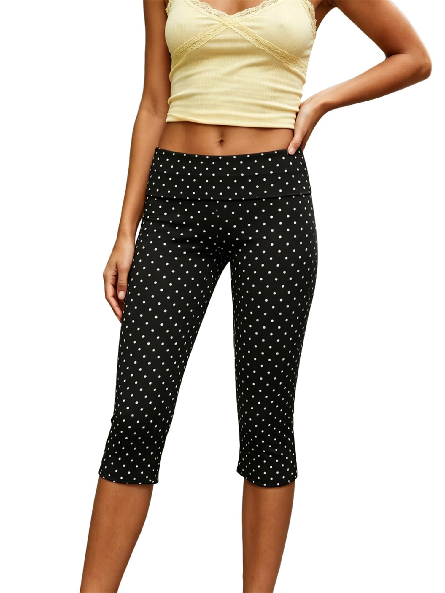 SANSIWU Women Fold Over Polka Dot Capri Leggings Stretch Slim Yoga Cropped Pants (A-Black, XL)