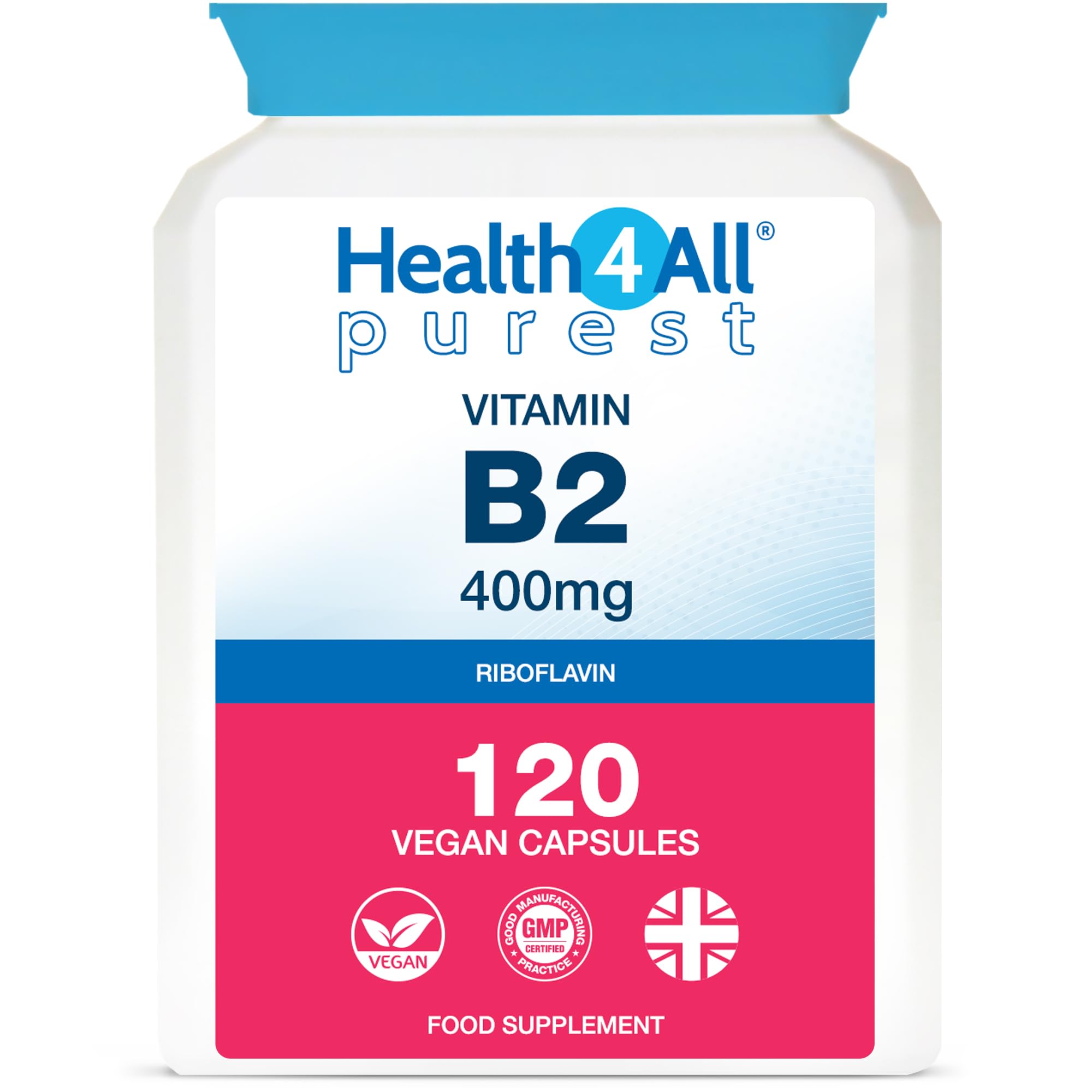Health4All Vitamin B2 Riboflavin 400mg Migraine Support 120 Capsules 4 Months Supply, High Strength VIT B2 400mg Riboflavin Supplement, No Additives, Non-GMO, Gluten Free | Made in UKHealth4All Vitamin B2 Riboflavin 400mg Migrain…