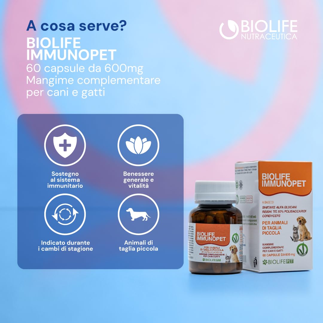 Biolife Nutraceutica Immunopet, Integratore cane e gatto,Per animali taglia piccola, Mangime complementare, Integratore sistema immunitario, Contro la Leishmania, 60 capsule