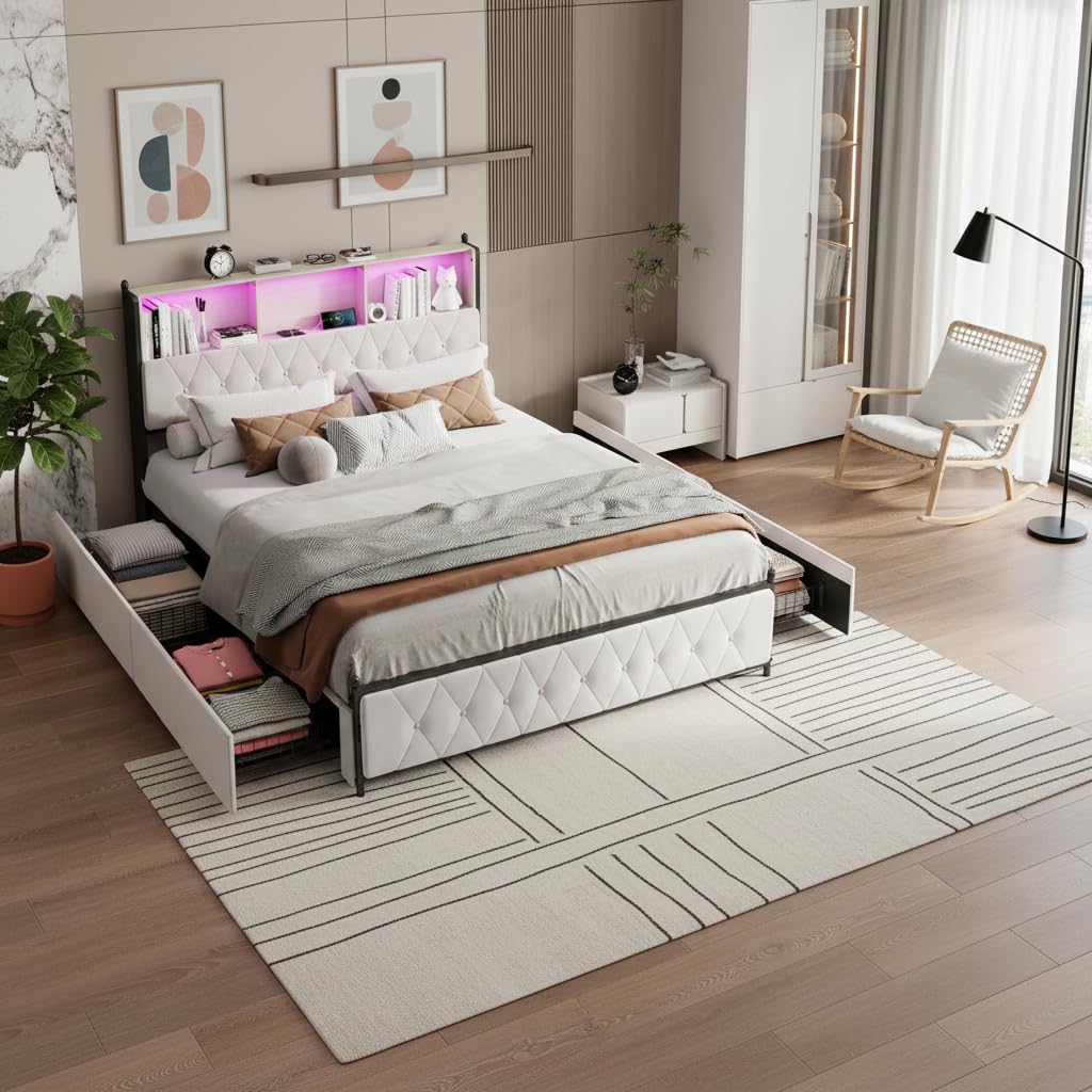 Cama tapizada para cama doble de 160 x 200, cama con cajón, cama funcional con cabecero, cama doble LED con almacenamiento, cama para adultos (beige, 160 x 200)