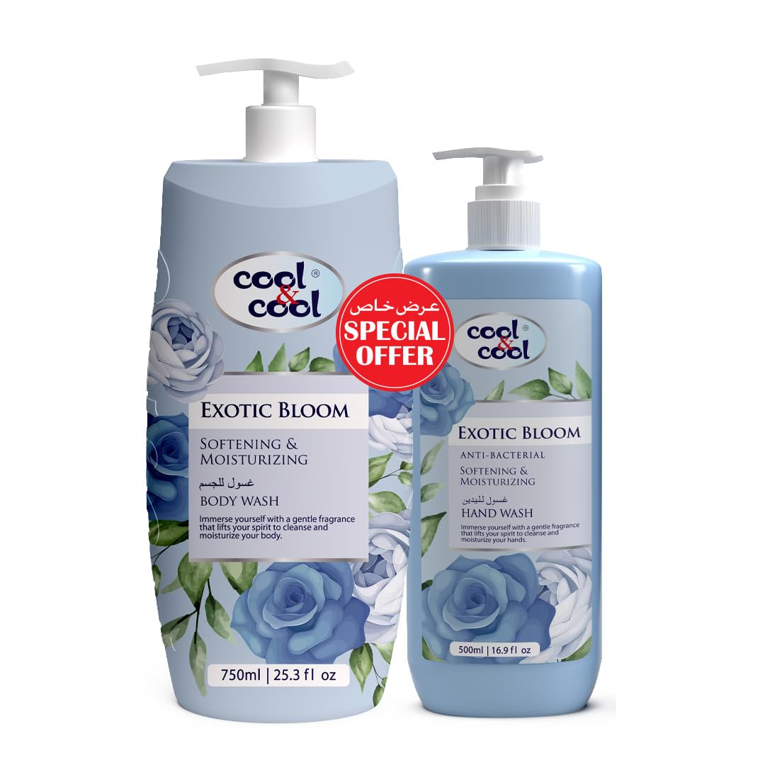 Cool & Cool Exotic Bloom Body Wash 750 Ml + Exotic Bloom Hand Wash 500 Ml - Vitamin E, Antibacterial, Skin-Softening, Moisturizing -Combo Pack