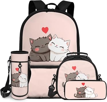 Showudesigns Cute Cat Backpack for Girls Pink School Bag Set with Lunch Box Pencil Case Water Bottle Holder 4 In 1 Elementary Students Bookbag Back Packs Kids Child School Daycare Bag Daypack