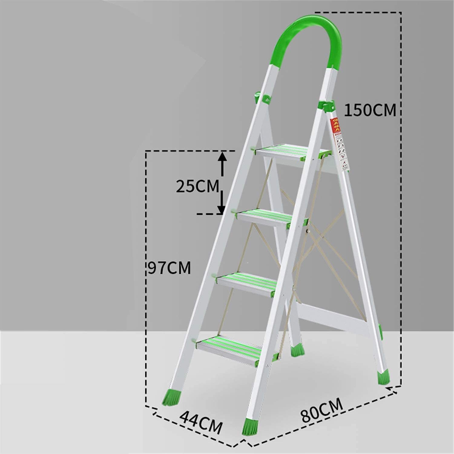 Drabiny, aluminiowa 4-stopniowa drabina z zielonymi poręczami, przenośne składane drabiny antypoślizgowe z podkładkami pod stopy do przycinania liści, 44 x 80 x 150 cm (44 x 80 x 150 cm)