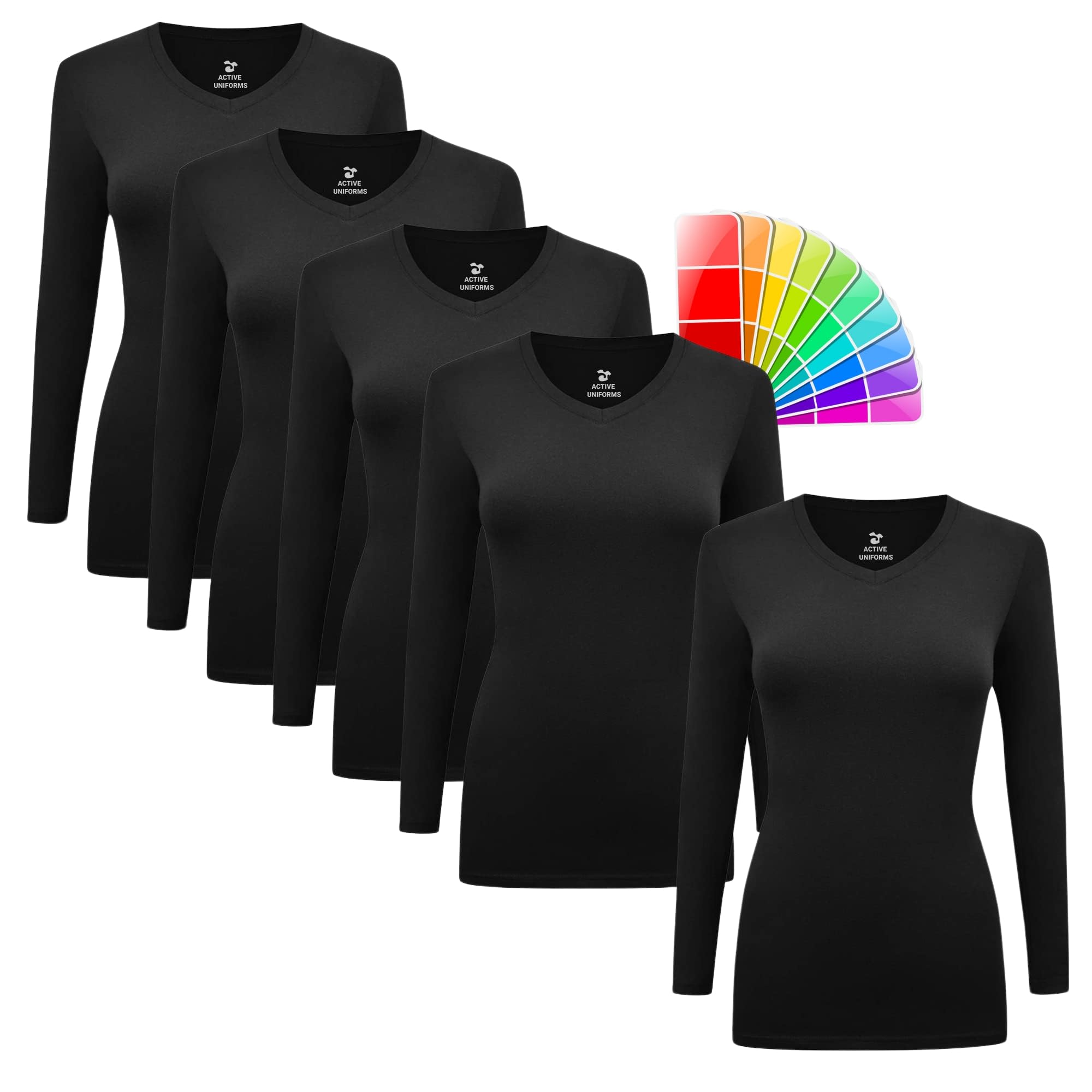 M&M SCRUBS Women's Under Scrub Tee V-Neck Long Sleeve T-Shirt - 5 Pack (Black, Large)
