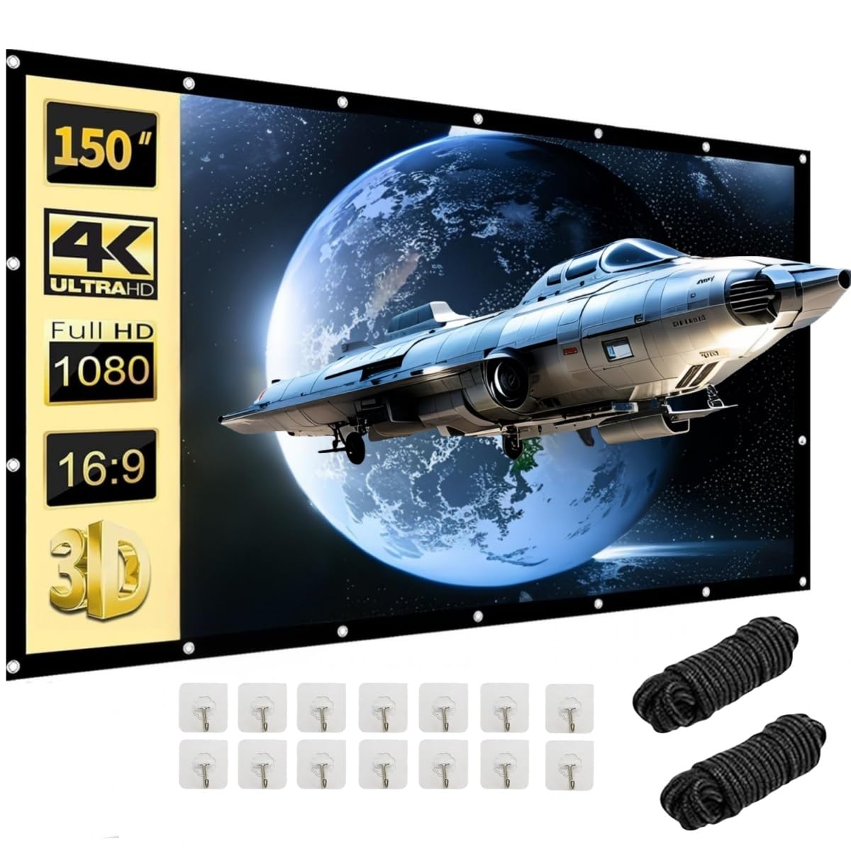 Leinwand Beamer 150 Zoll | 16:9 HD Faltbare Beamer Leinwand Outdoor | Dickerer, Lichtdichterer Projektor Leinwände | Knitterfrei und Leicht zu Tragen - Besonders Geeignet für Outdoor, Camping, Zuhause