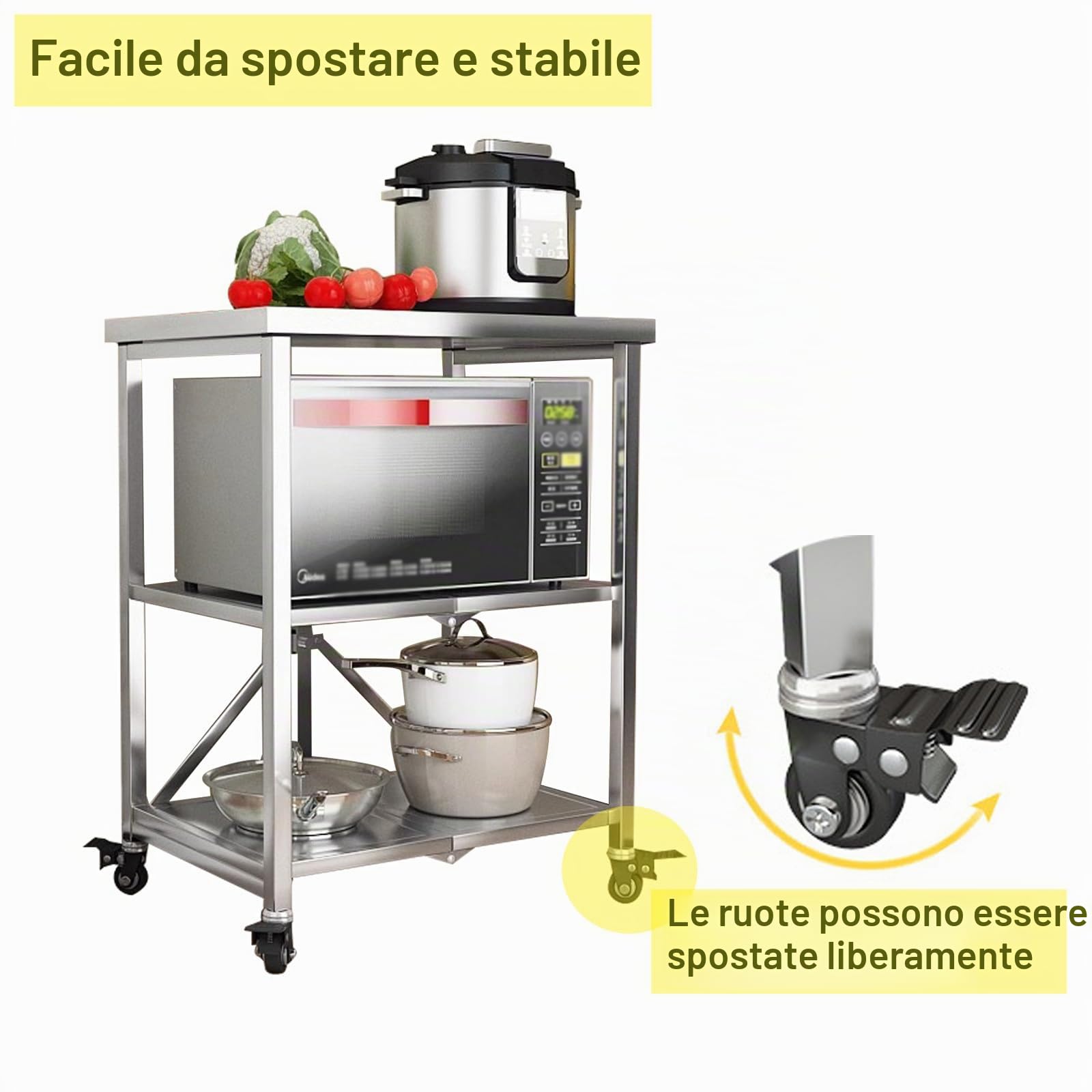 HIYOUGO Carrello da Cucina, ​Pieghevole Carrelli da Portata in Acciaio inox | Scaffalature Inossidabile Salvaspazio per Famiglia Ristoranti Salone Hotel, con Ruote, 3 Ripiani, 60X45X80CM