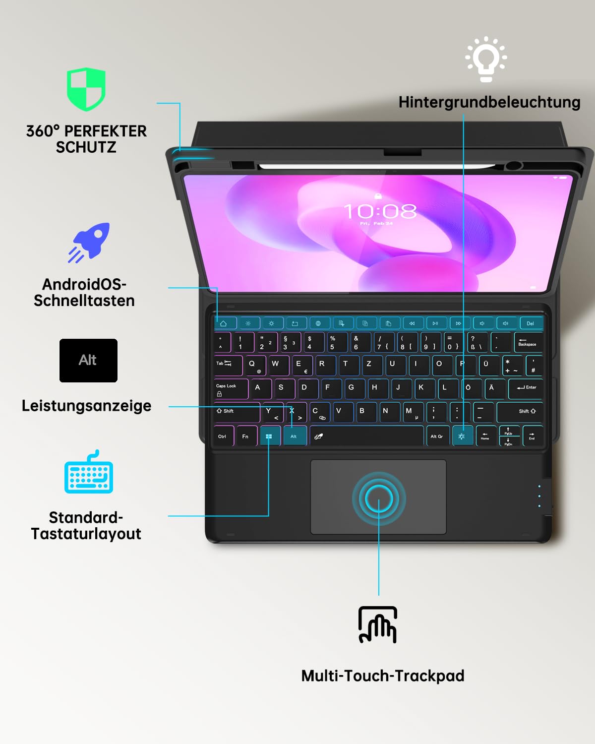 ROOFEI für Lenovo Idea Tab Plus 12,1 Zoll 2025 Hülle mit QWERTZ Tastatur - Regenbogen-Hintergrundbeleuchtung Magnetisch Abnehmbar Tastatur mit Trackpad für Lenovo Idea Tab Plus 12,1" Tablet TB365FC