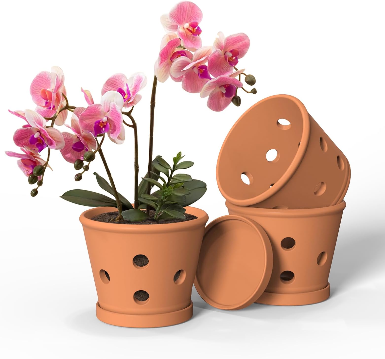 Terracotta Orchid Pots, 6 Inch Orchid Pot with Holes and Saucers 3 Pcs, Clay Orchid Planter Pots for Repotting, Terra Cotta Pot Large Bulk Flower Pot for Indoor Outdoor Promotes Air Circulation