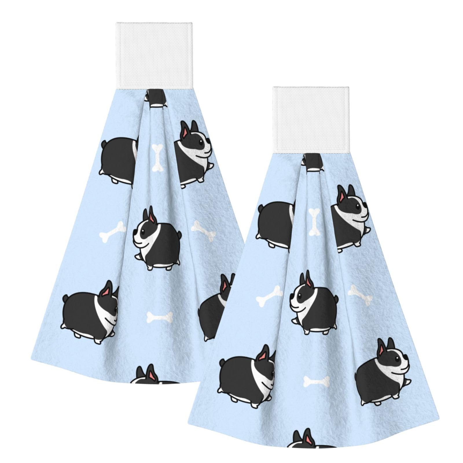 DOPKLNA Boston Terrier Dog Pattern, 2 Pcs Hanging Coral Fiber Hand Towels for Bathroom, Absorbent Kitchen Towels