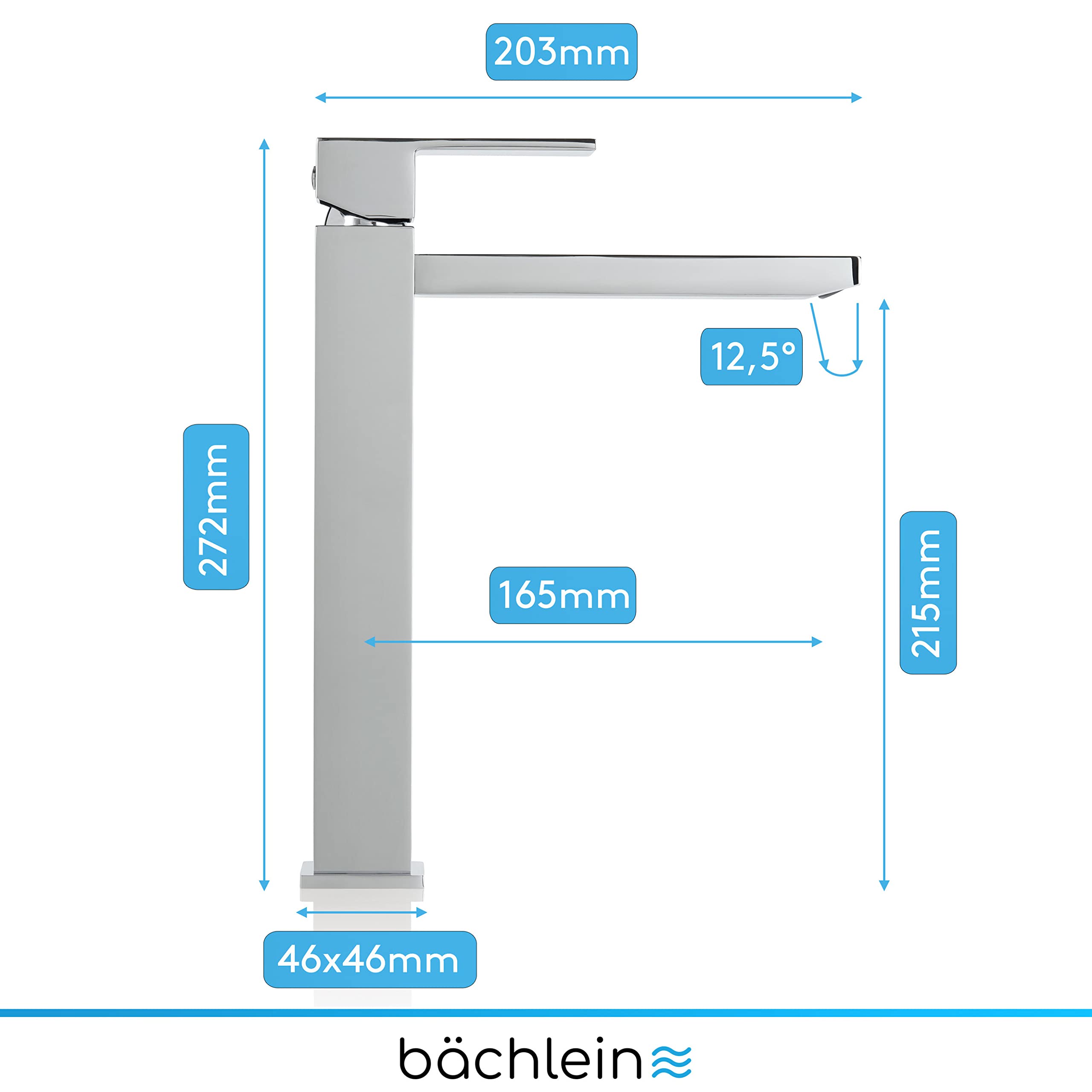 Bächlein Rubinetto Extra Alto Angolare per Bagno Cromo con Altezza Bocca 215 mm per Lavabo da Appoggio