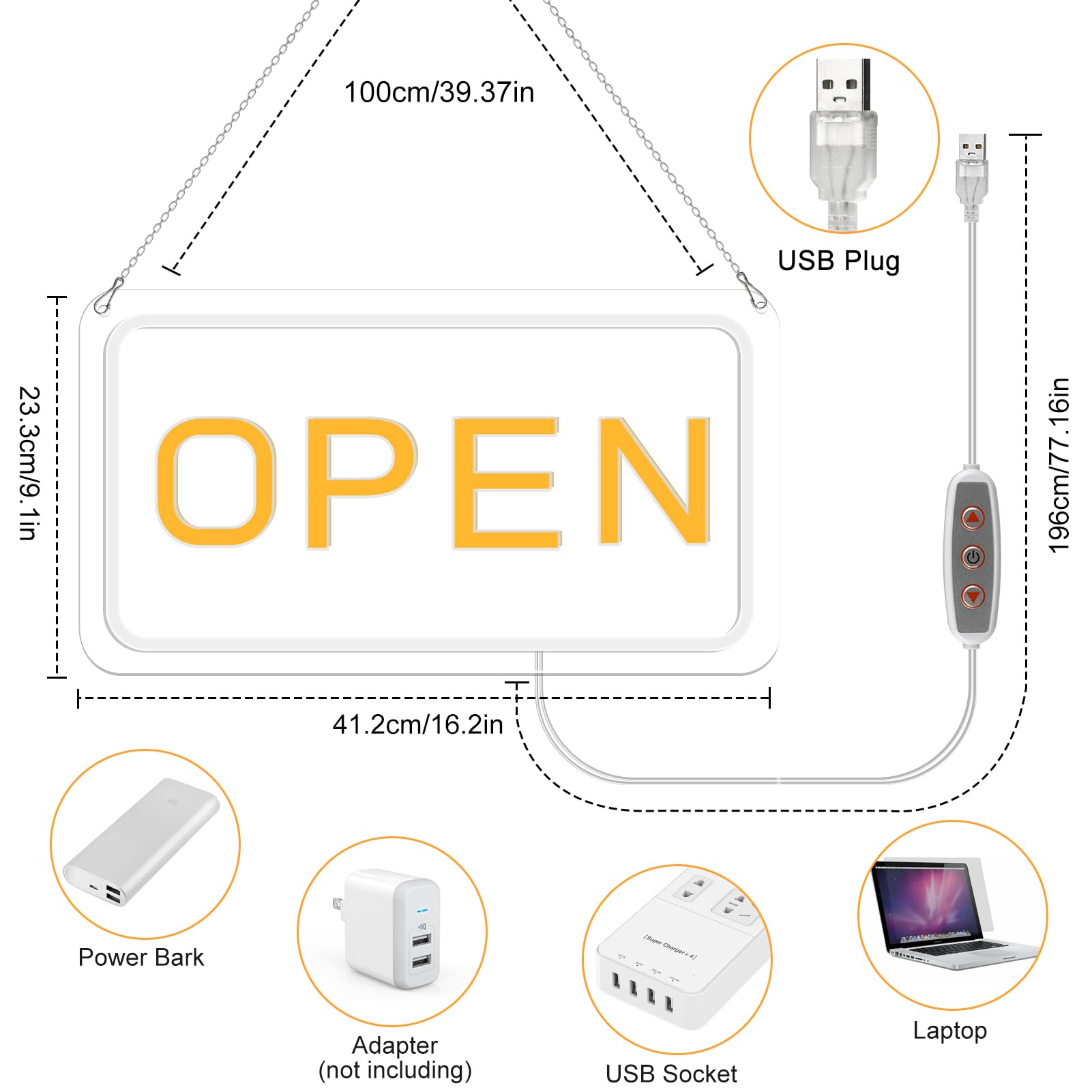 41,9 x 22,9 cm superhelles offenes Schild, dimmbar, Neonschild für Geschäft, Stromversorgung über USB mit An/Aus, beleuchtetes LED-offenes Schild für Geschäfte, Restaurants, Bars, Hotelfenster