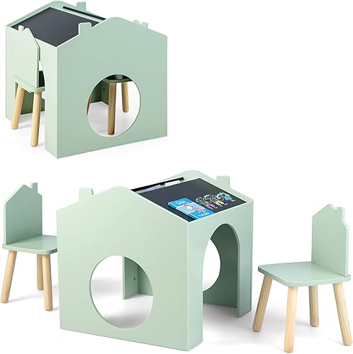 Miniatura 1 de Costzon Juego de mesa y silla para niños juego de mesa de madera de 3 piezas para niños pequeños con pizarras para artes manualidades lectura dibujo
