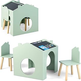 Costzon Kids Table and Chair Set, 3 Pieces Wooden Table Set for Toddler w/Chalkboards for Arts, Crafts, Reading, Drawing, House-Shaped Space-Saving Children Furniture Set, Gift for Boys Girls, Green