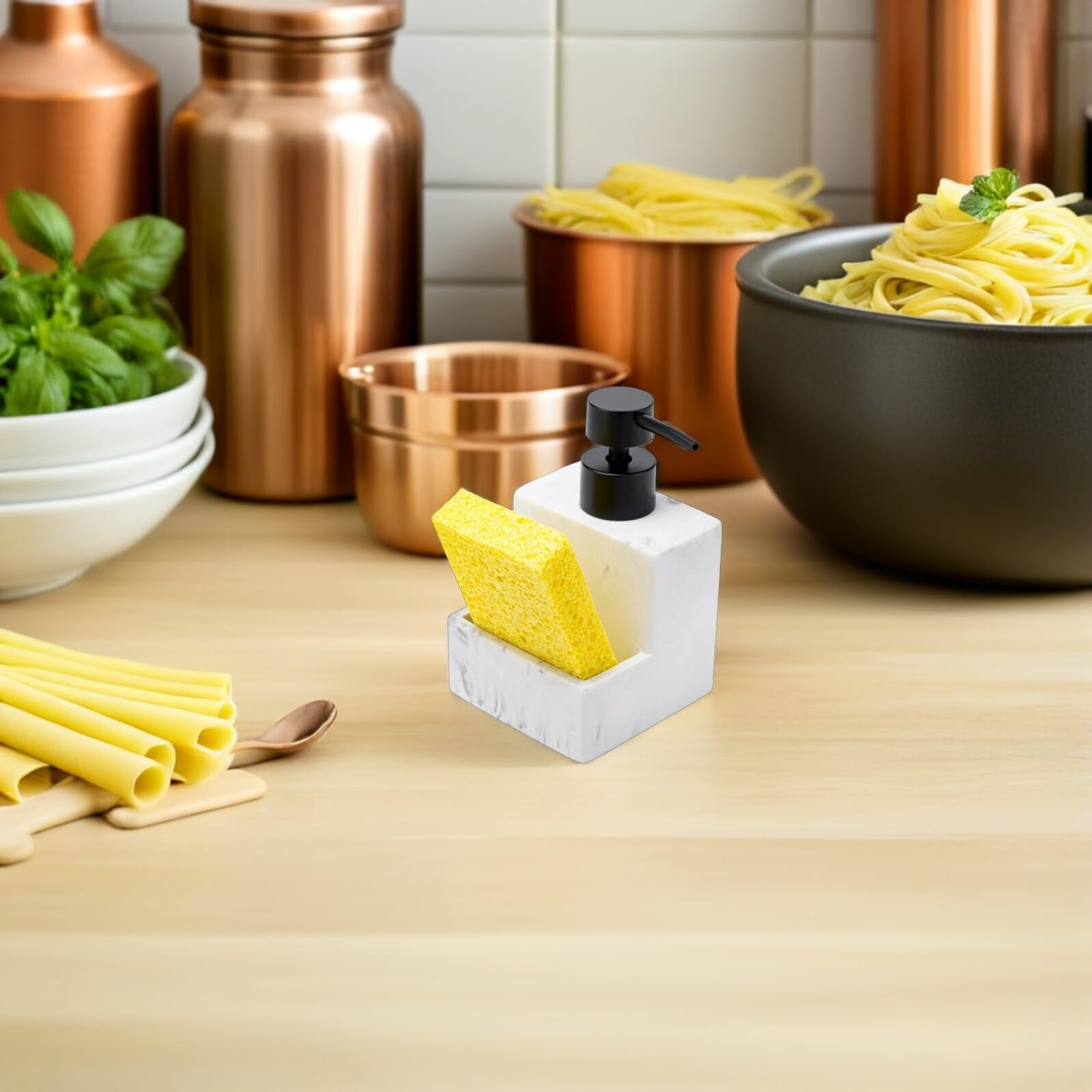DOITOOL Dispenser di Detersivo per Piatti e Porta Spugna in Resina Effetto Marmo, Set Multifunzionale per Cucina e Bagno, Contenitore Organizzatore per Lavello da Banco, Erogazione