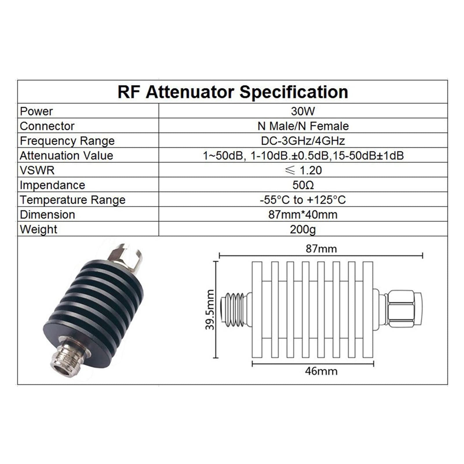 Atténuateur de Type N 30 W DC-3 GHz/4 GHz 1/2/3/5/6/10/15/20/30/40/50 DB Connecteur d'alimentation coaxial RF mâle N vers Prise Femelle 50 ohms(5db,3GHz)