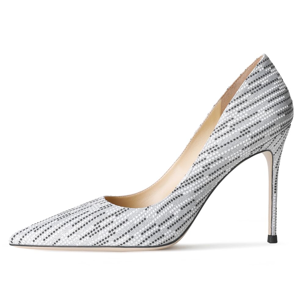 Damskie srebrne szpiczaste szpilki 6 cm/8 cm/10 cm z czarno-białym wzorem w kropki eleganckie czółenka na wesele, studniówkę i formalne wydarzenia, Czarno-białe kropki 10 cm, 36 EU