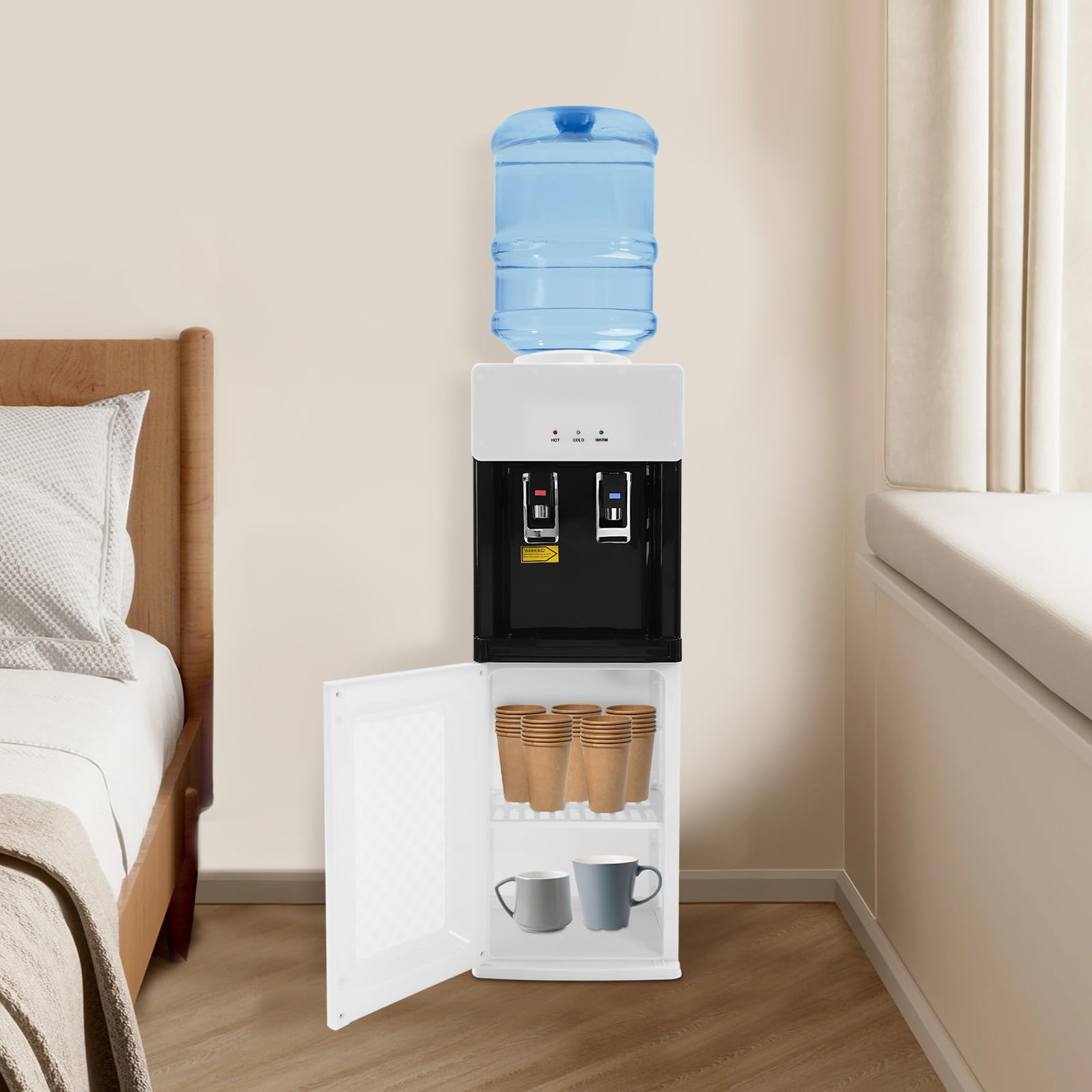 HOLMZCED Floor Water Cooler Dispenser with Storage Space, Top Loading Water Dispenser with Safety Lock Standing Hot Cold Water Dispenser Stainless Steel for 5 Gallon Bottles