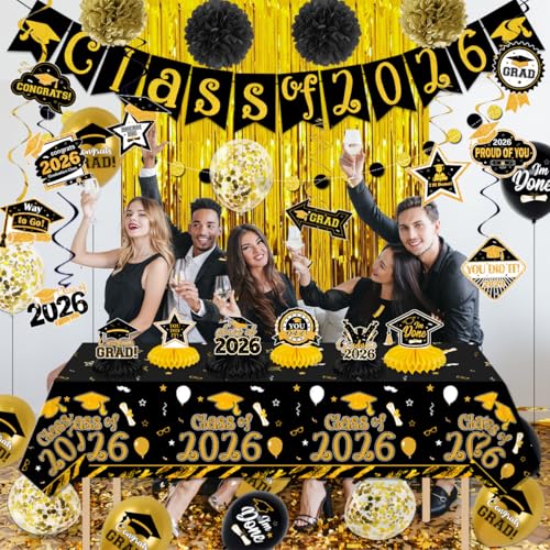Image of Graduation Decorations 2026 Black and Gold Class of 2026 Banner Congrats Grad Backdrop Paper Tablecloth Pompoms Hanging Swirls and Balloons for 2026 Graduations Party Decorations Supplies