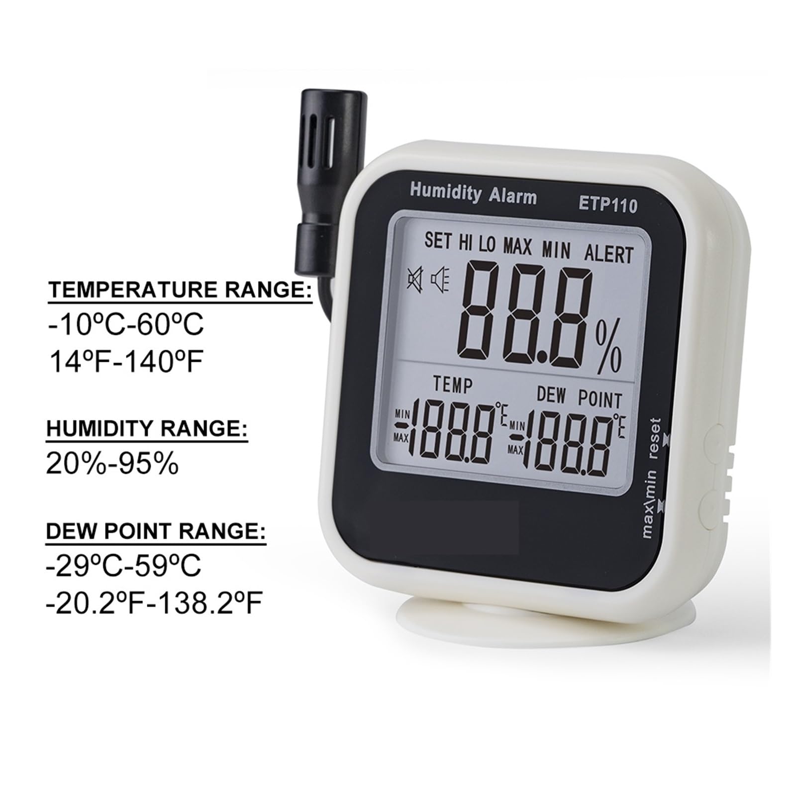 Medidor de temperatura y humedad ETP110, termómetro, higrómetro y monitor de humedad, medidor de punto de rocío for interiores y exteriores.