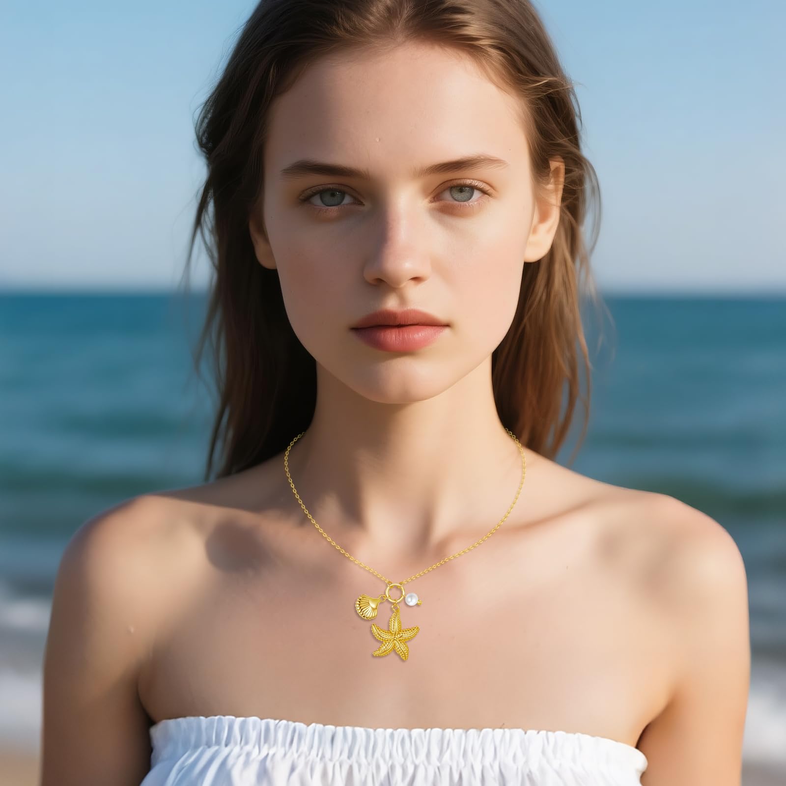 YAFEINI Collar de estrella de mar de plata de ley 925 con colgante de estrella de mar, joyería de playa, regalo para mujer