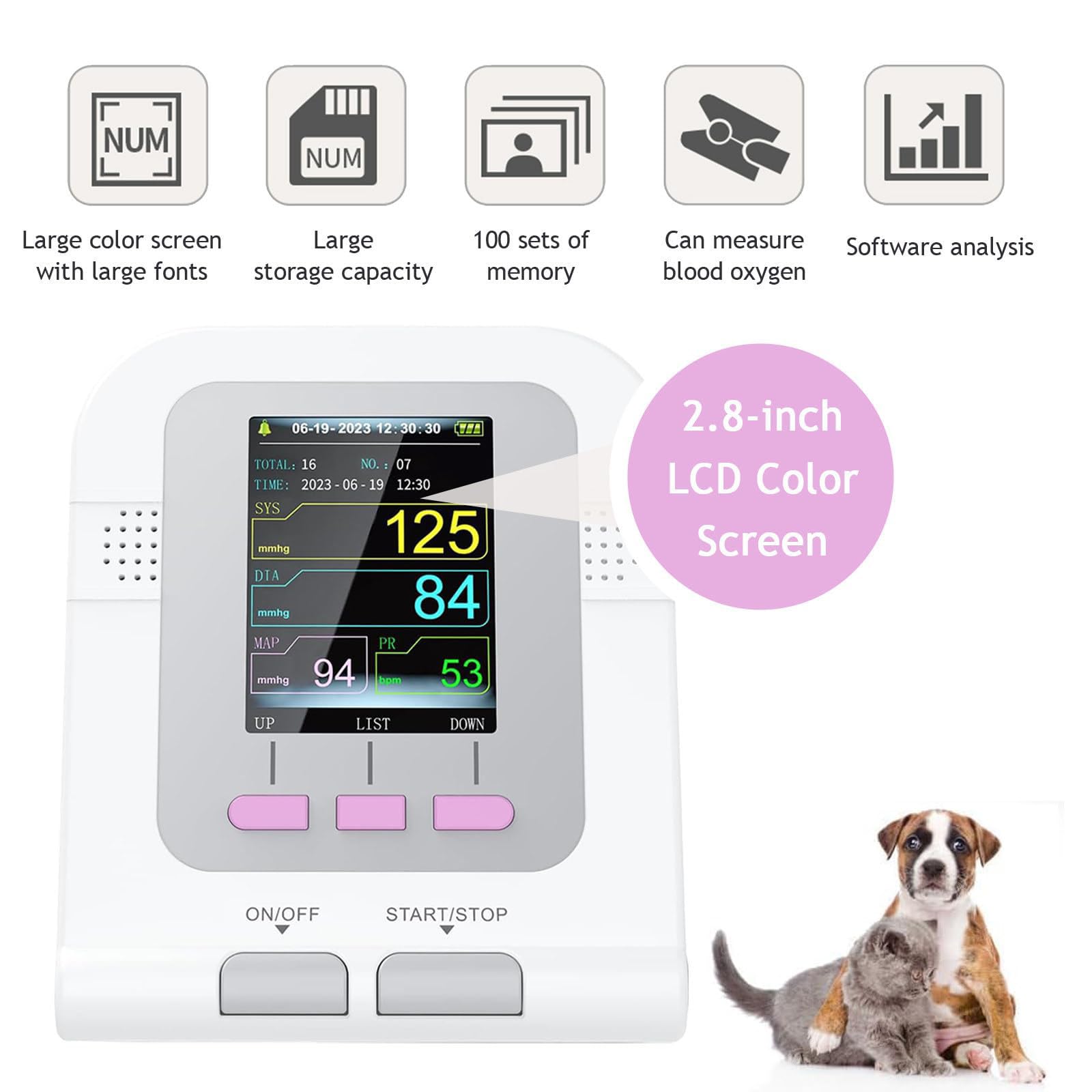 TensióMetro AutomáTico para Mascotas, con Pantalla A Color HD De 2.8" Y 3 Pulseras, con Capacidad para Almacenar 100 Datos De PresióN Arterial De Perros, Gatos Y Mascotas.