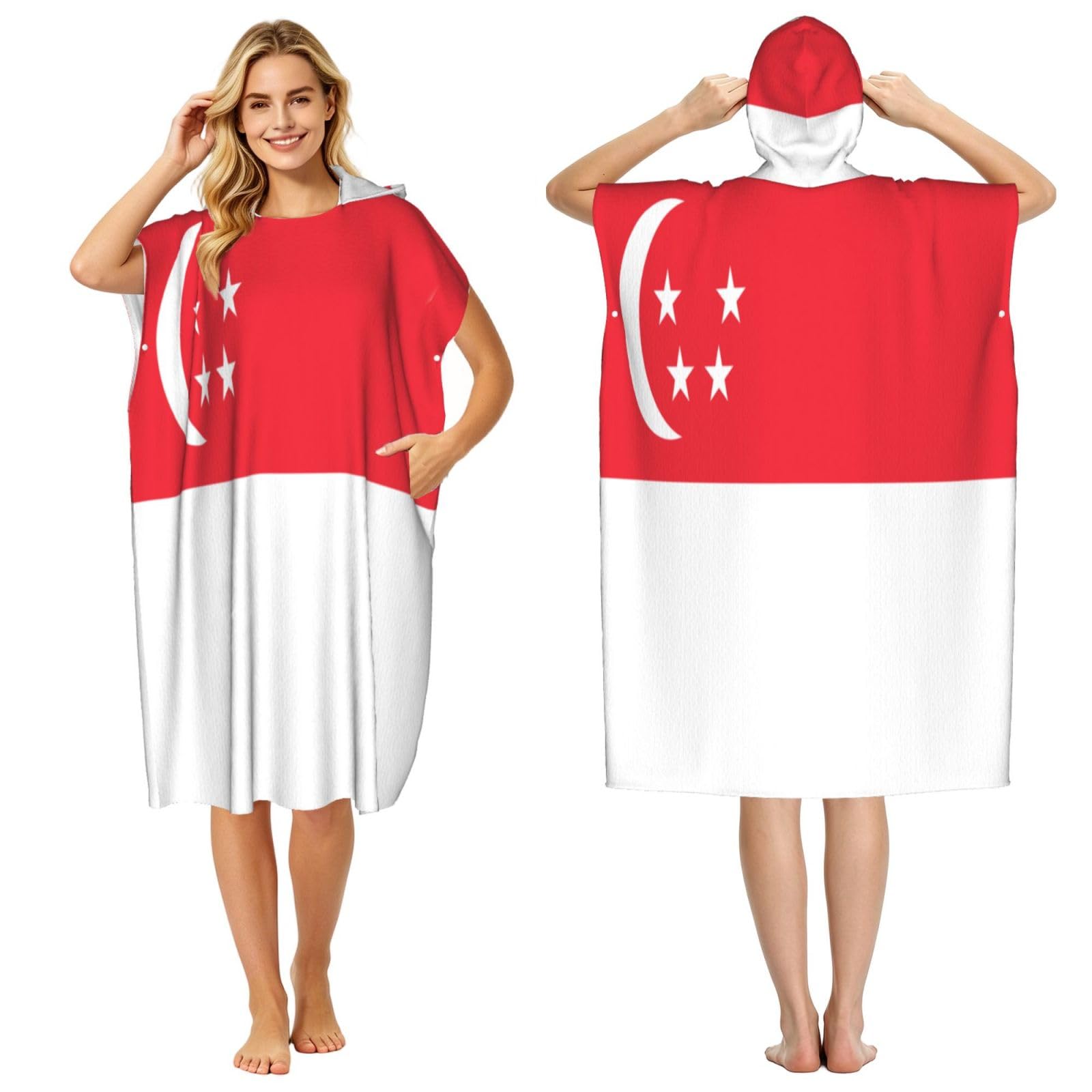 KLGRTJHK Singapore Flag Adult Hooded Beach Poncho Towel 43"X35"