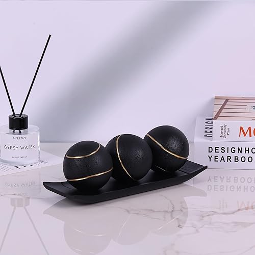 Miniatura 3 de LCCCK Juego de bandeja decorativa con bolas, soporte de TV de orbes decorativos negro dorado, centro de mesa de centro, elegantes bolas decorativas