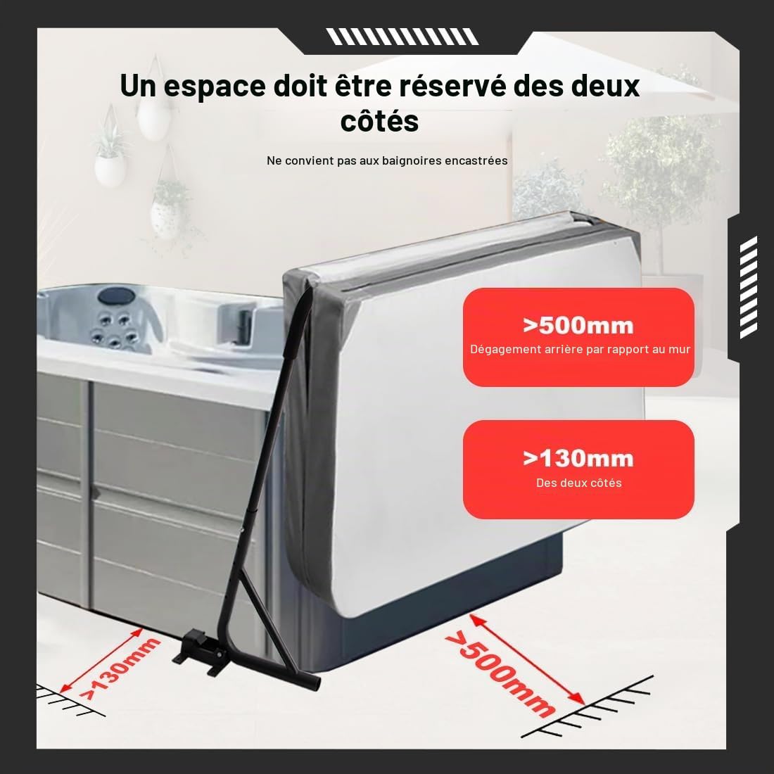 Lève-Couvercle Spa Largeur 195-244cm Hauteur 78-104cm pour Baignoire Balnéo | réglable,acier antirouille,installation sans perçage,protection en caoutchouc,usage été/hiver,pour baignoires rectangulaires
