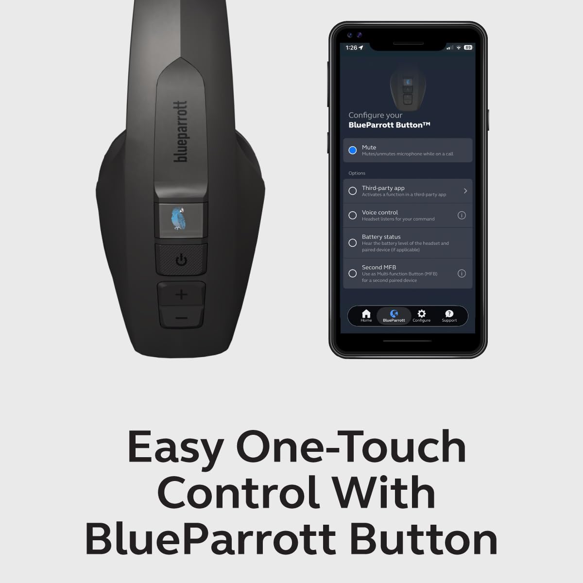 BlueParrott Pro B350 Mono Casque Bluetooth sans fil avec suppression du bruit de 98 % avec micro, 40 heures de temps de conversation, bandeau réglable de qualité supérieure, protection IP54, noir