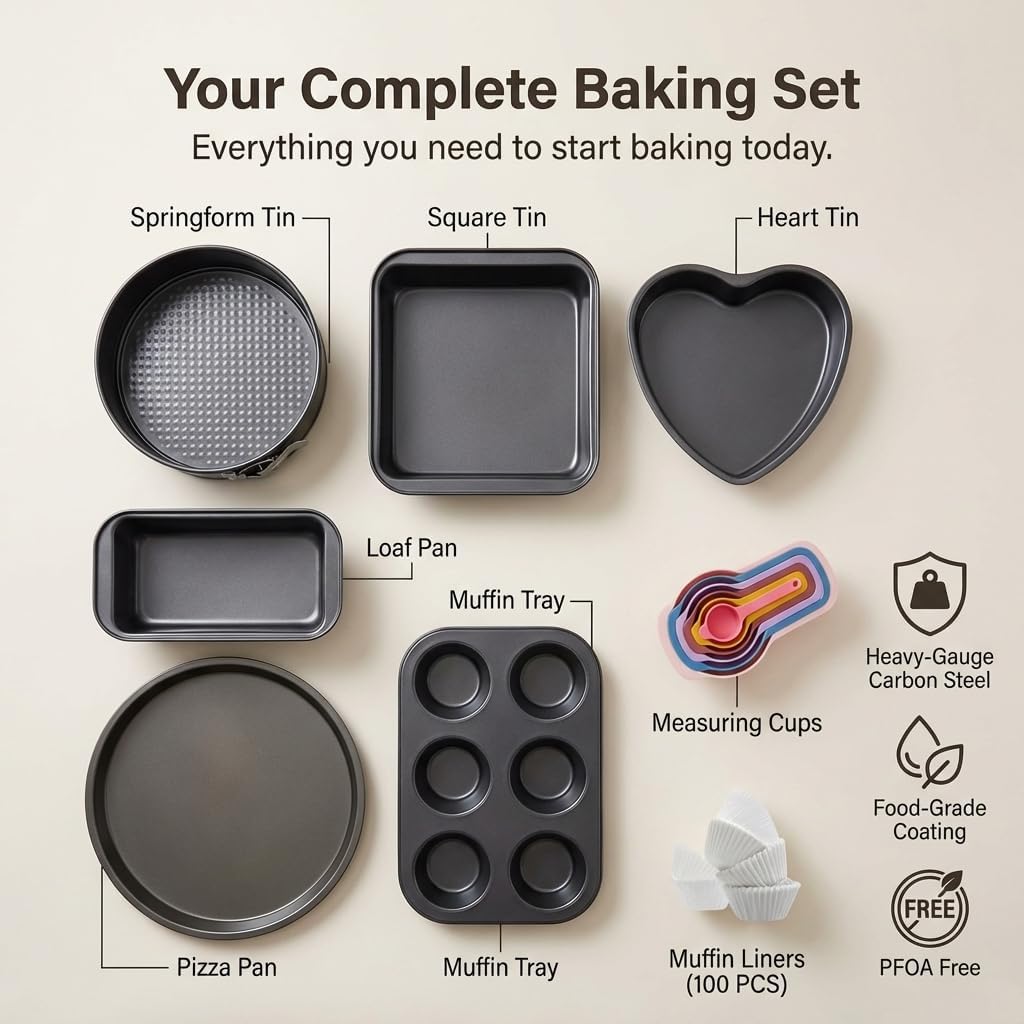 Xacton Juego de moldes para tartas 8 en 1, combo de redondos, corazones, cuadrados, moldes de cuentas, bandeja para pizza, bandeja para magdalenas de 6 ranuras, forros para tazas de pastel y tazas
