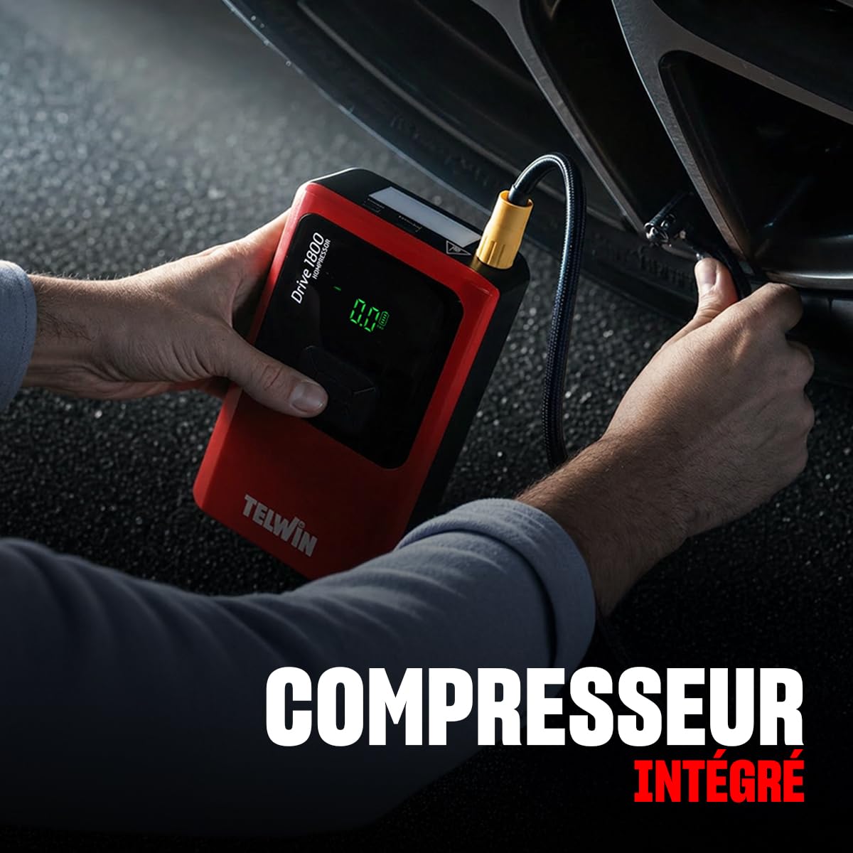 Telwin Drive 1800 Kompressor, Démarreur Booster Multifonction 12V Portable et Ultra-Compact pour Voiture, Moto, Bateau avec Compresseur Intégré, Powerbank et Lampe LED, 1800A démarrage Max