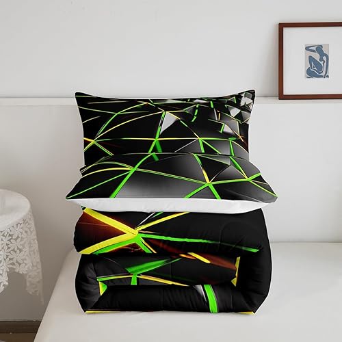 Miniatura 6 de Juego de edredón geométrico hexagonal estereoscópico de panal para niños, juego de ropa de cama de colmena verde y negro, juego de edredón