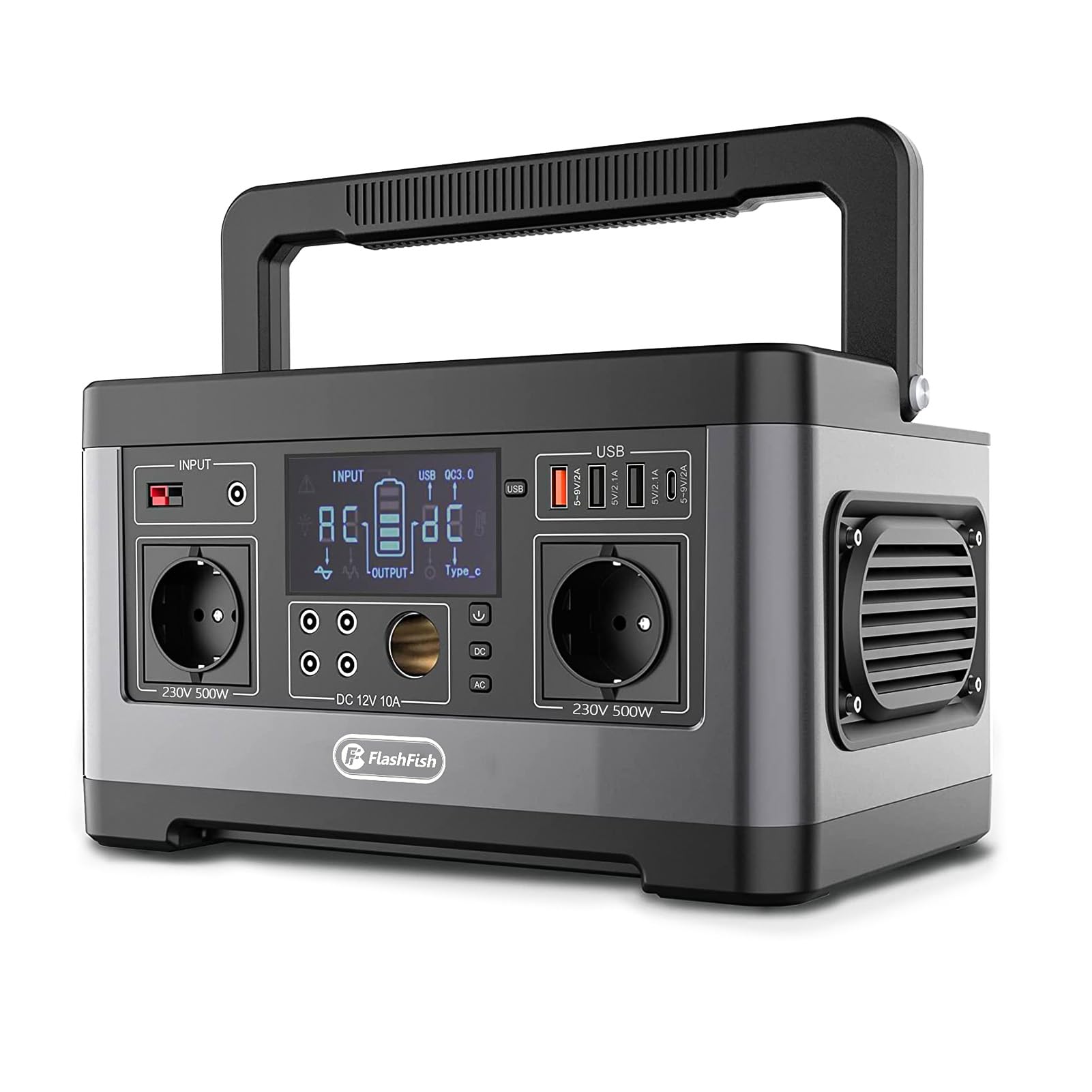 Irishom Générateur solaire portable 140400 mAh/520 Wh 500 W CPAP avec 2 prises de courant alternatif 230 V / 4 ports CC / 1 port de charge rapide / 2 ports USB