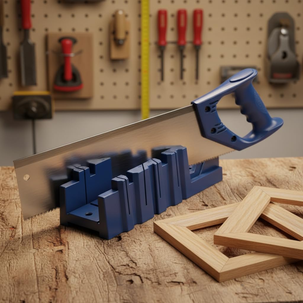 Garosa Adjustable Miter Box with 36cm Hand Saw Woodworking Cutter Tool for Precise 45° Plaster Lines Back Saw Miter Cabinet Cuts Blue Clamping Box