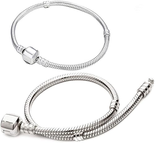 Cadena de pulsera de serpiente, chapado en plata, con cuentas europeas con cierre de barril a presión (2 unidades, 6.7 pulgadas), Cobre