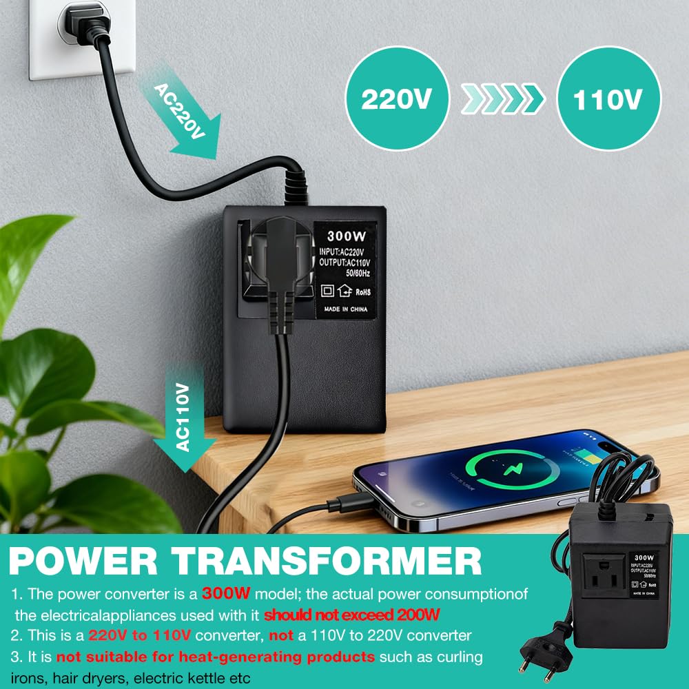 Przetwornica napięcia transformator 220 V na 110 V, 300 W konwerter napięcia 220 V do 110 V, europejski transformator wtykowy, adapter sieciowy krok w dół do podróży, podróży służbowych, inteligentny