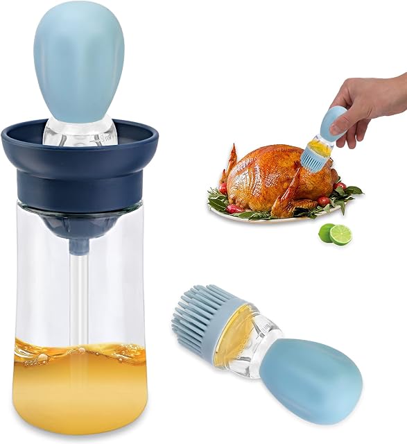PHOGARY Oil Dispenser with Silicone Brush, Glass Olive Oil Bottle with Brush and Dropper for Measuring Oil, Oil Storage and Cooking Container (Blue)