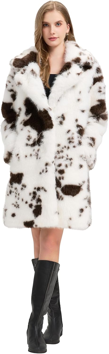 GRAN ORIENTE Luxury Winter Thickened Print Long Coats For Women,Faux Fur Fluffy Trench Cardigan Jacket Overcoat