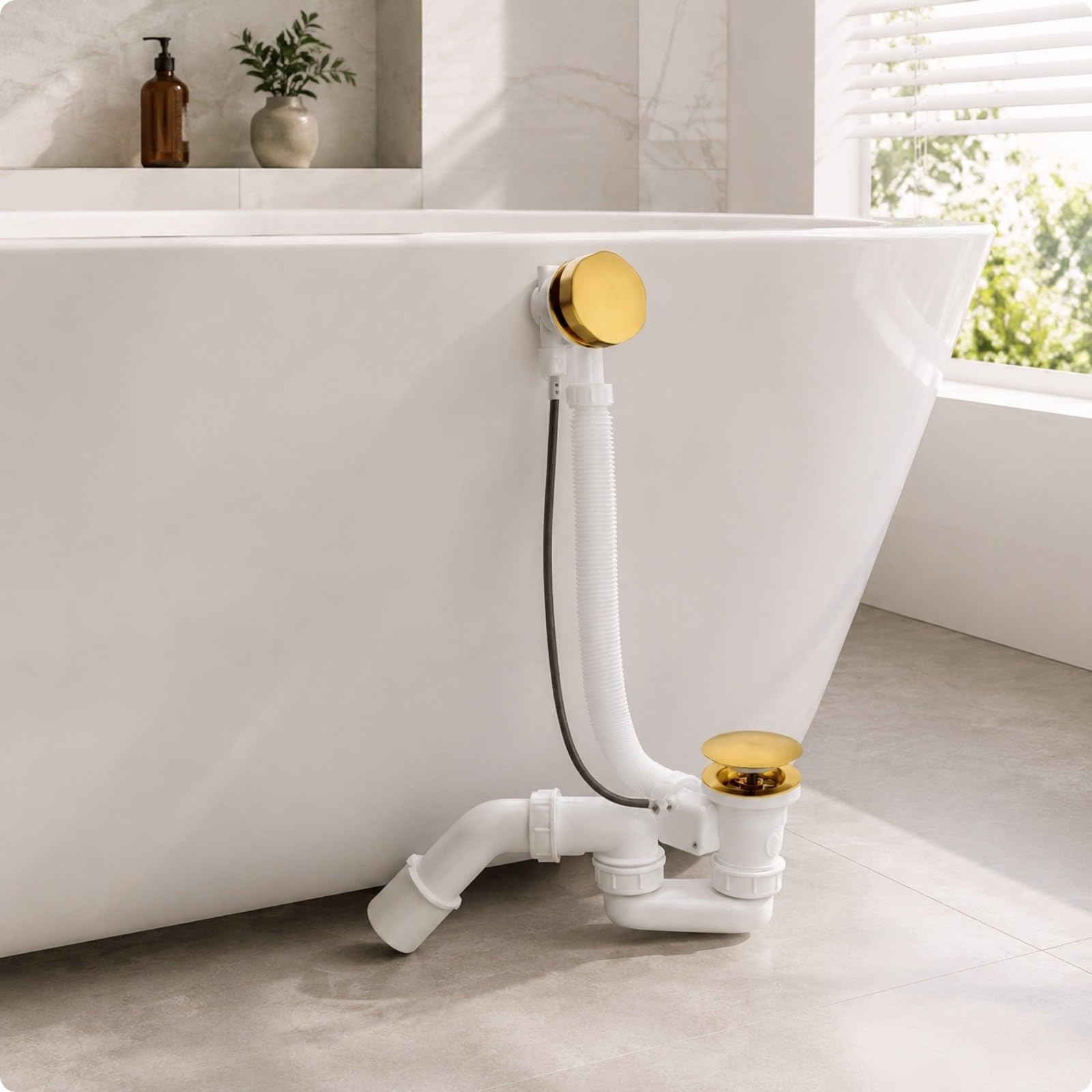 Badewannenablauf mit Überlauf verchromt Ablaufgarnitur mit Überlauf flexibel Wannenablauf Flexschlauch für Installateure, Badezimmer, Renovierung, 65 cm
