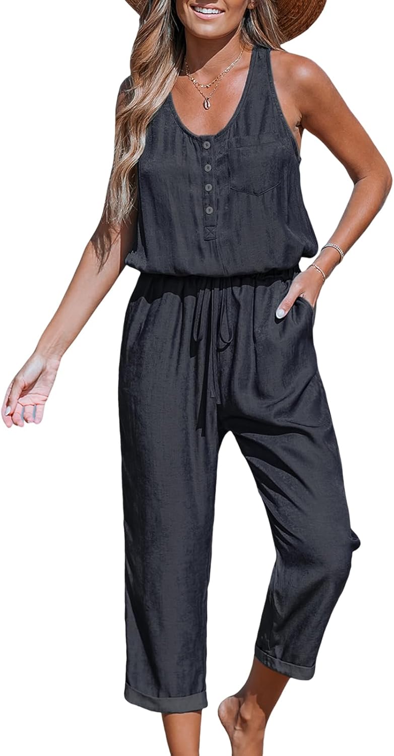 CUPSHE Women's Casual Sleeveless Scoop Neck Button Down Overalls With Pockets