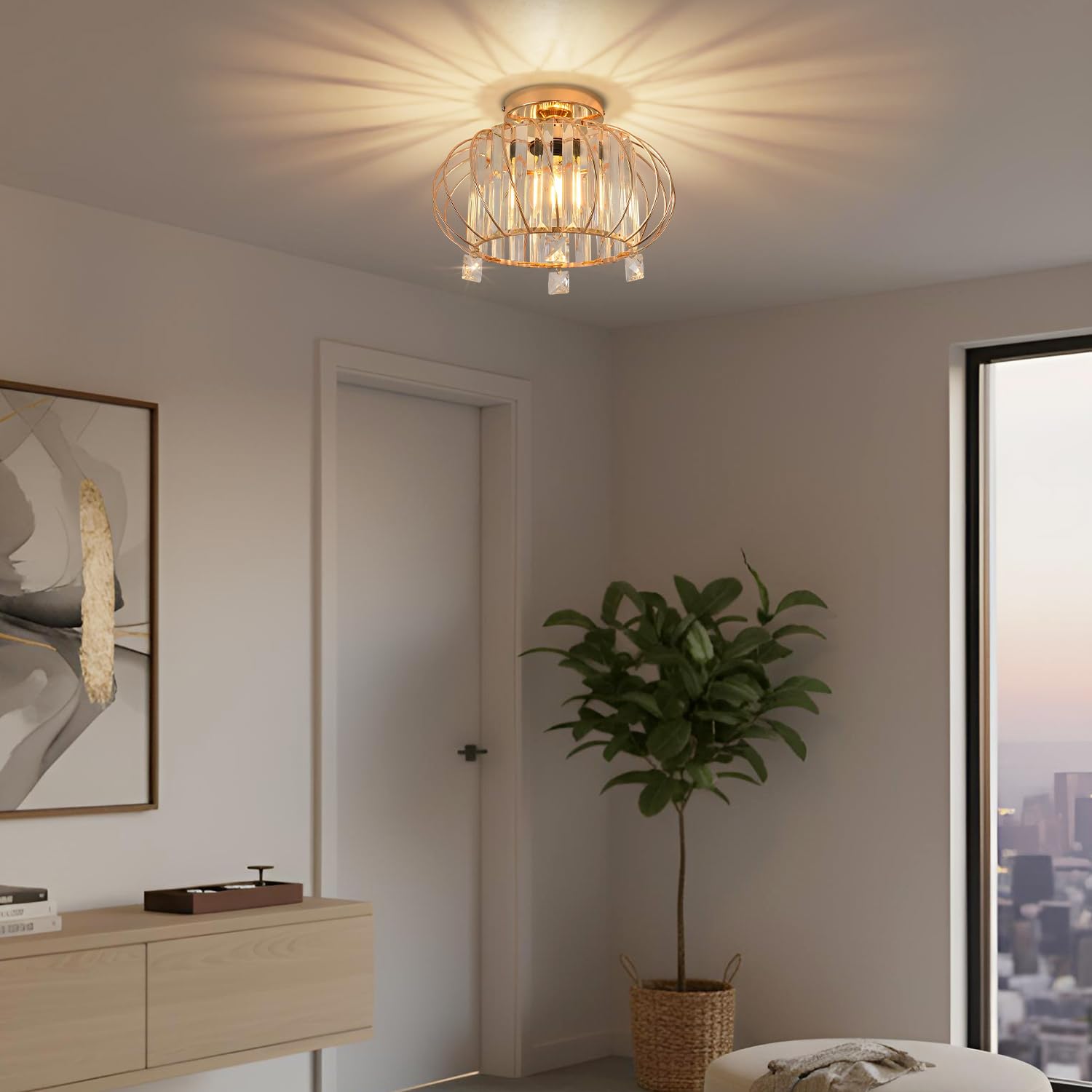 ANWIO Kristall-Kronleuchter, Deckenlampe Glas Deckenleuchte Flur Gold mit Kristallschirm, E27-Fassung, Moderne Lampe für Wohnzimmer, Schlafzimmer, Küche, Esszimmer -Φ28CM