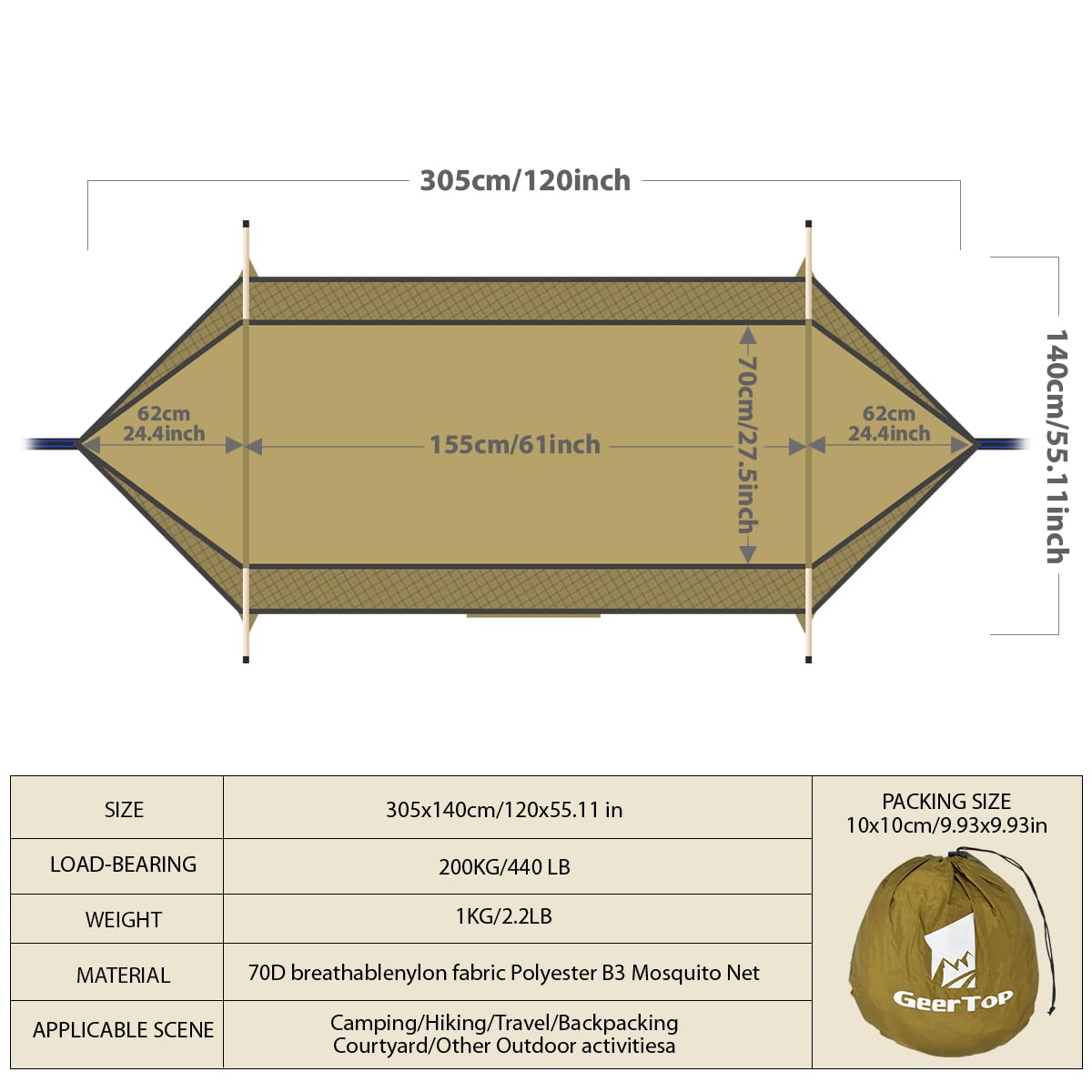 GEERTOP Hamac d'extérieur 3 en 1 avec bâche de Protection Solaire, imperméable et Durable en Nylon avec Filet Anti-moustiques, Double Couchage, équipement de Camping pour randonnée