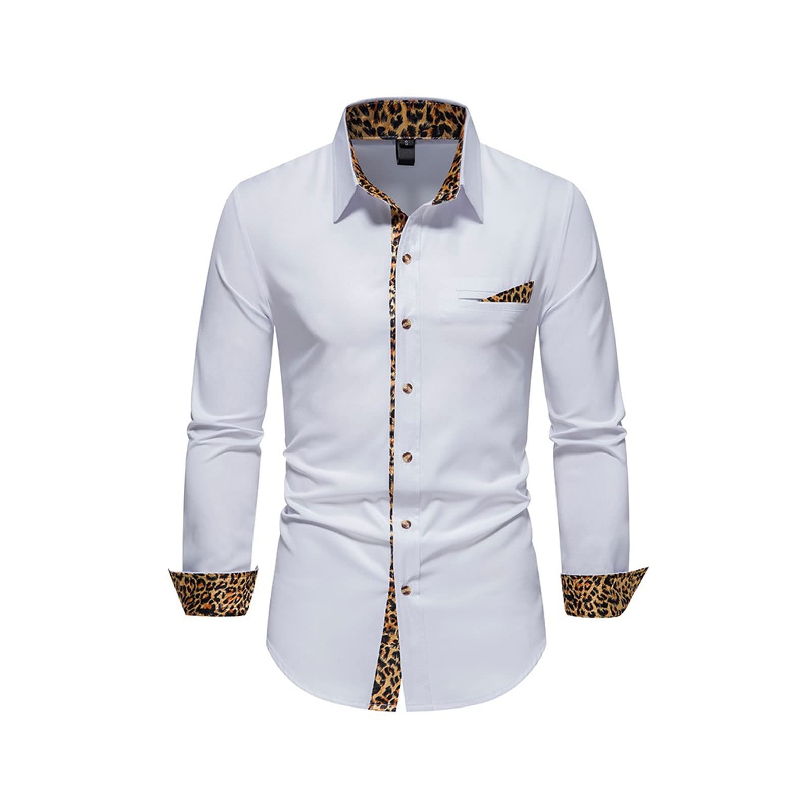 TERPONTERPON long sleeve shirt Men's casual long sleeved shirt with patchwork design, slim fitting button collar shirt (Color : White, Size : L)