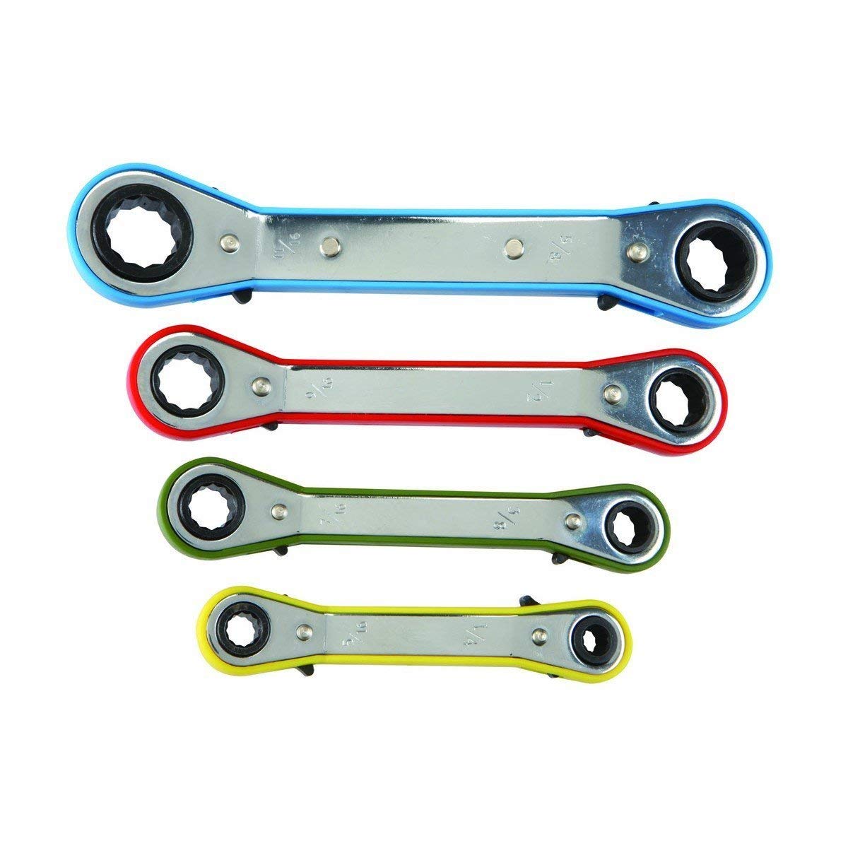 dist by classyjacs - 4 Piece - Offset Ratchet - SAE 12 Point - Wrench Set - Color Coded for Easy Find - (Sizes: 1/4 in x 5/16 in - 3/8 in x 7/16 in - 1/2 in x 9/16 in - 5/8 in x 11/16 in)