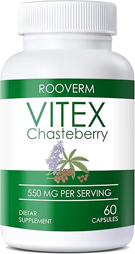 ROOVERM 550mg Extracto de árbol casto orgánico  Vitex Agnus Castus Fruit, suplemento de hierbas para mujeres, sin OMG, sin gluten, 60 cápsulas